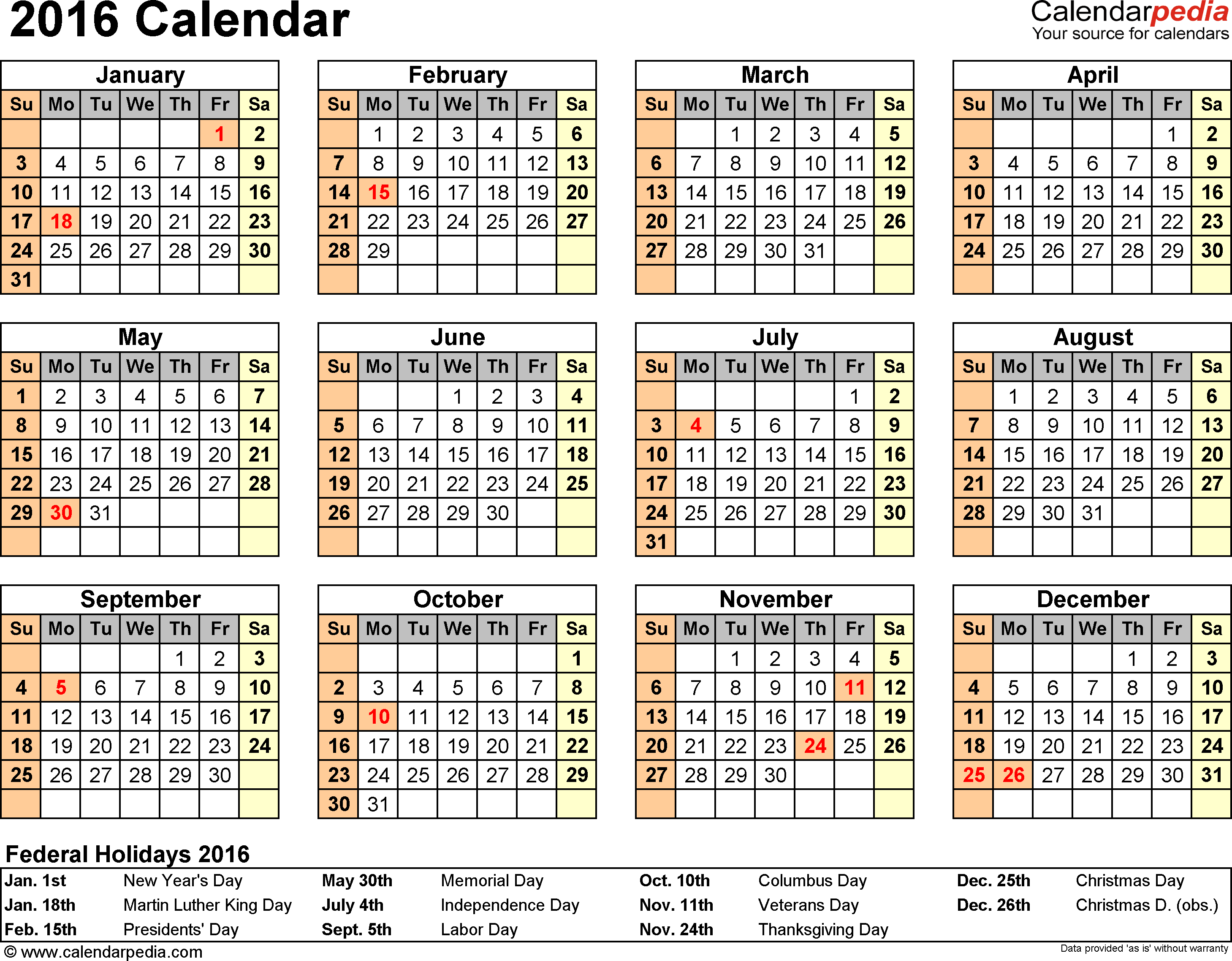 2016 Calendar Printable Excel