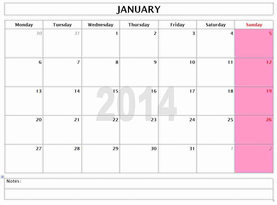 Word 2014 Monthly Calendar Templates