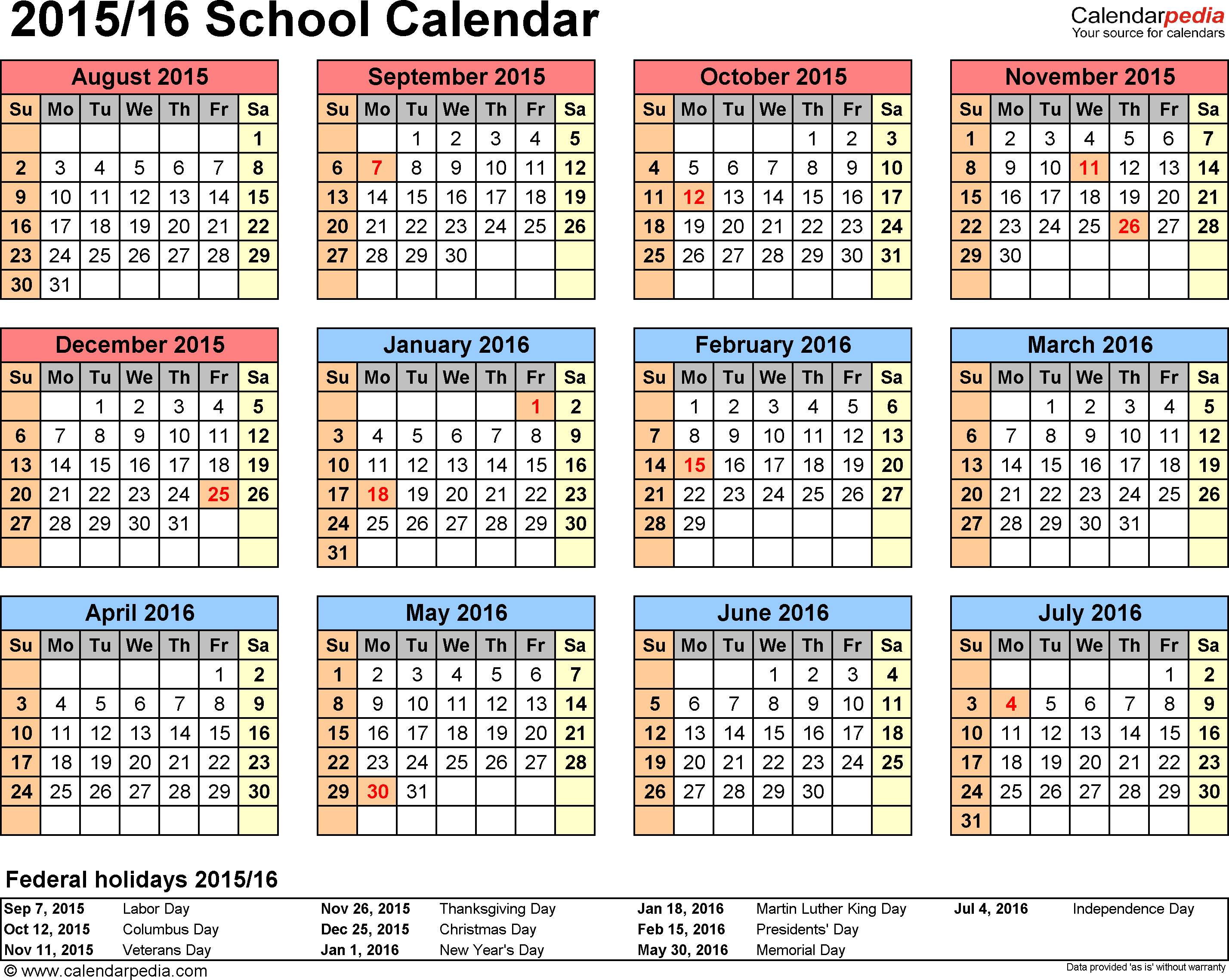 Printable School Calendar 2015 2016