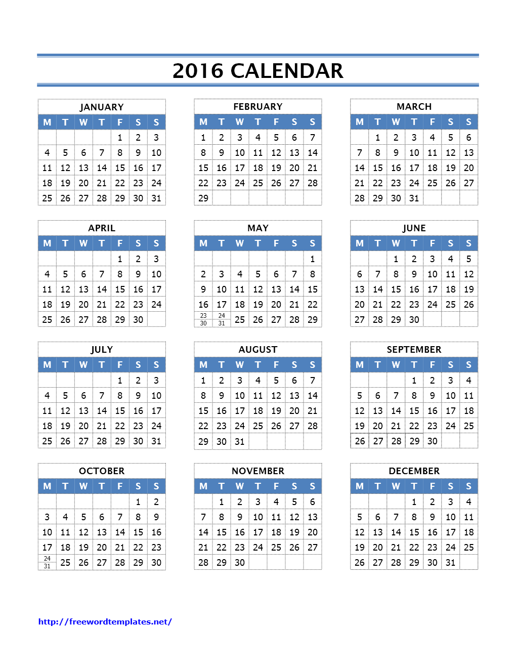 2016 Calendar Template Word