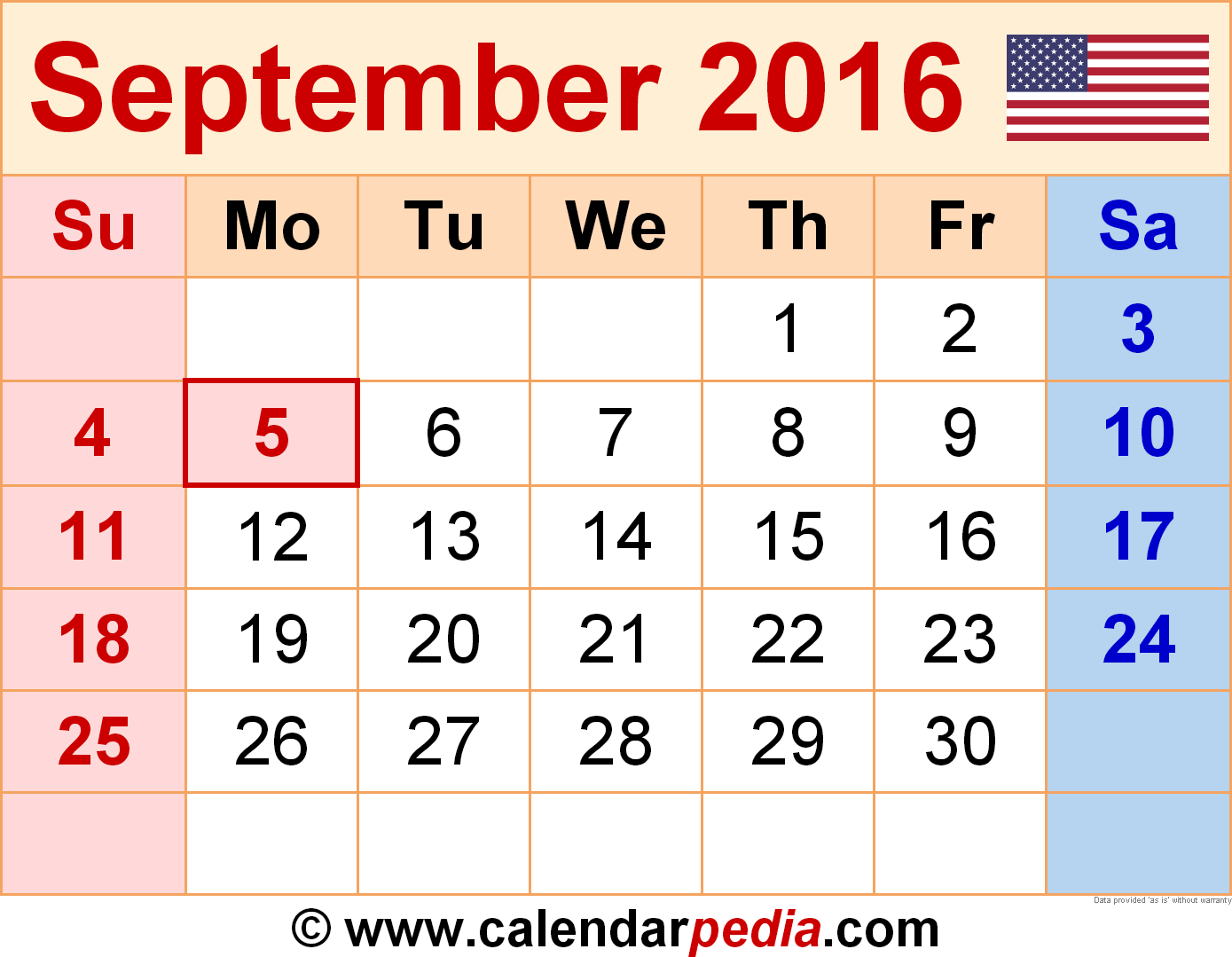 August September Calendar 2016