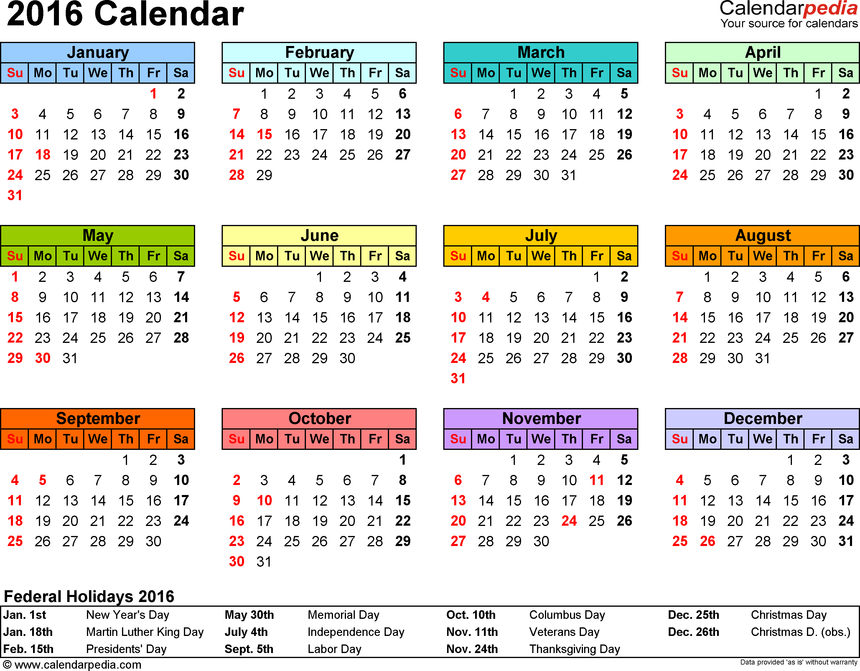 2016 Calendar Printable One Page PDF