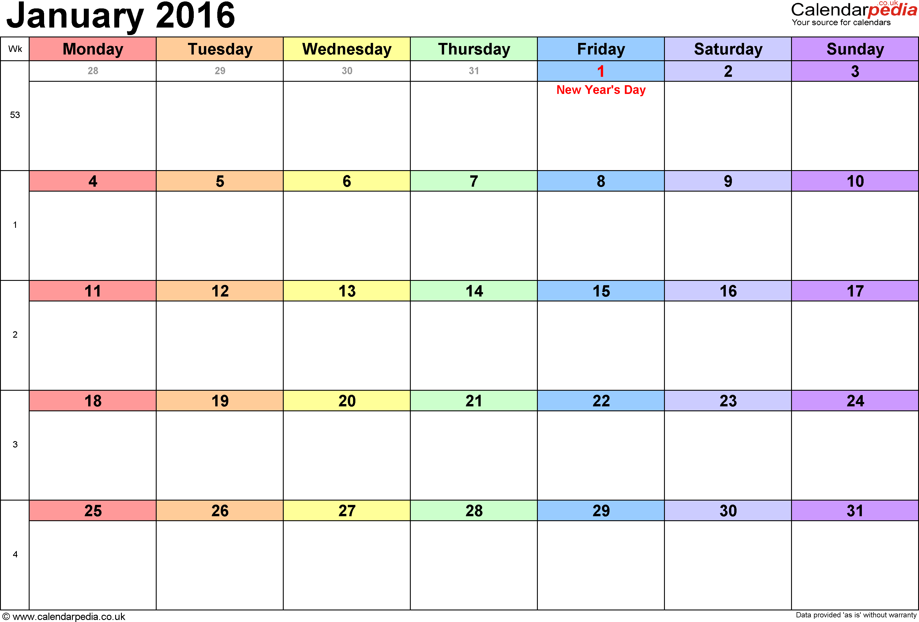 January 2016 Calendar Holidays