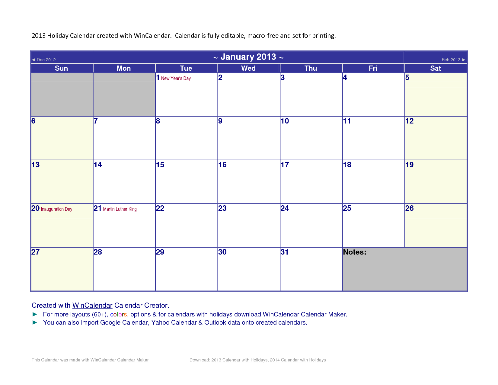 2013 Calendar with Holidays