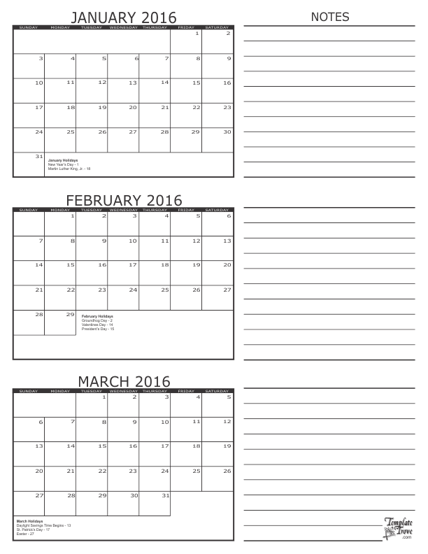 3 Month Calendar 2016