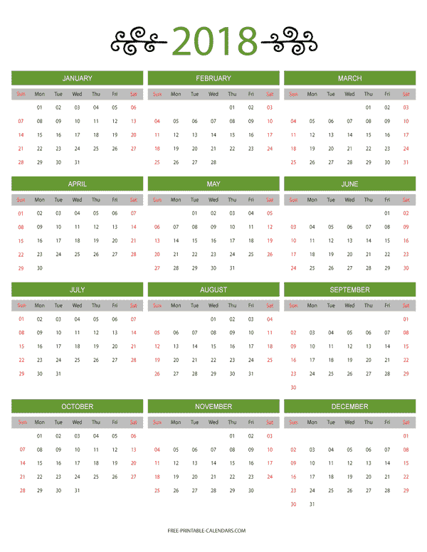 12 Month Colorful Calendar for 2018 Free Printable Calendars