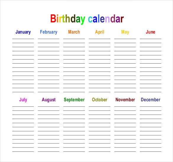Birthday Calendar Template 2018 : Paper orientation landscape birthday calendar template Birthday Calendar Template 2018 : Paper orientation landscape birthday calendar template