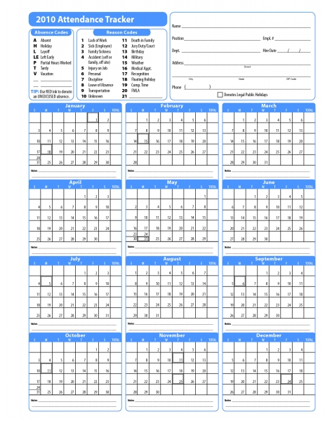 2018 employee attendance calendar printable