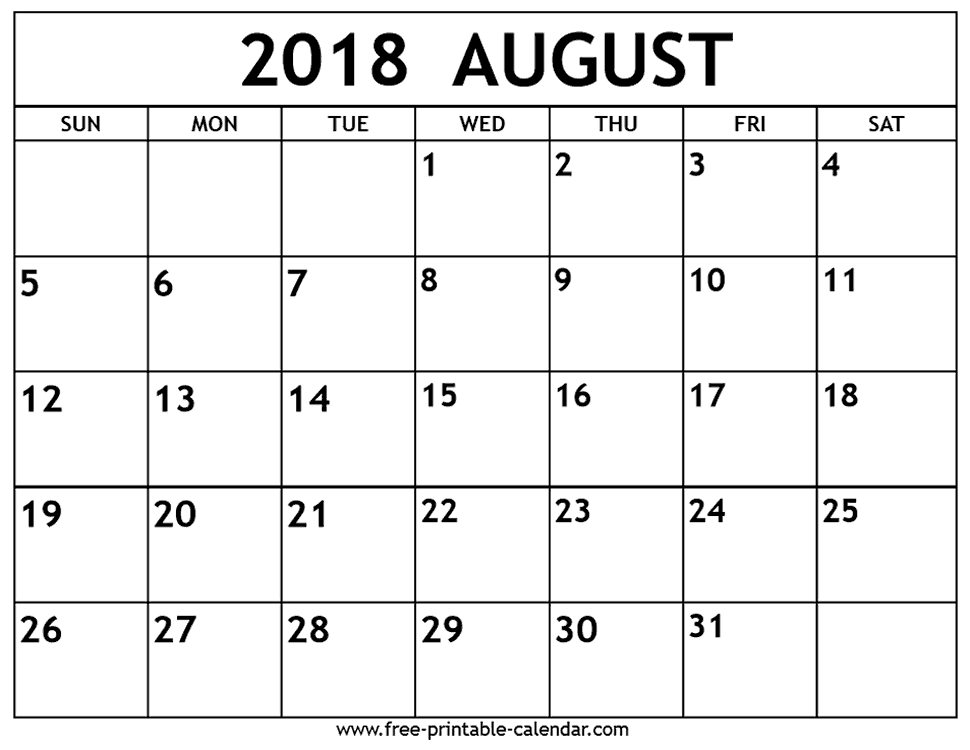 August 2018 calendar Free printable calendar.com
