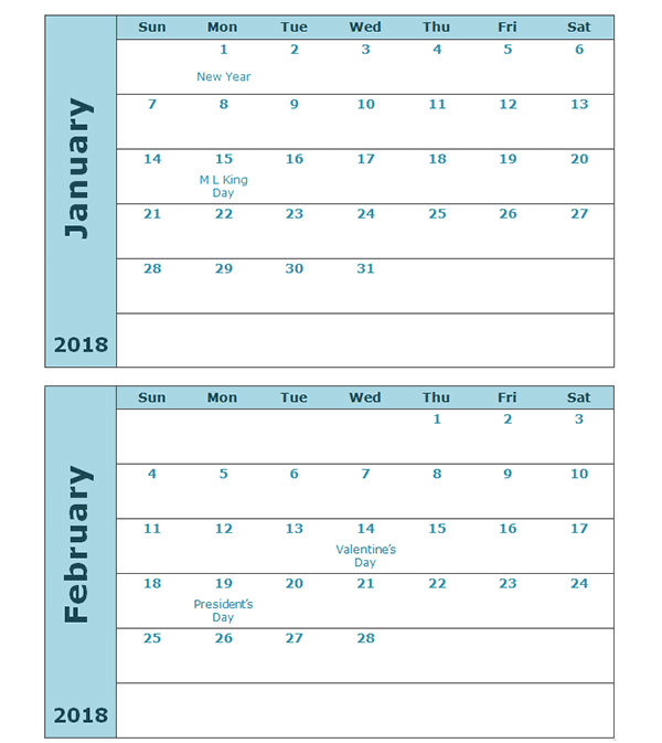 2018 Calendar Template Two Months Per Page Free Printable Templates