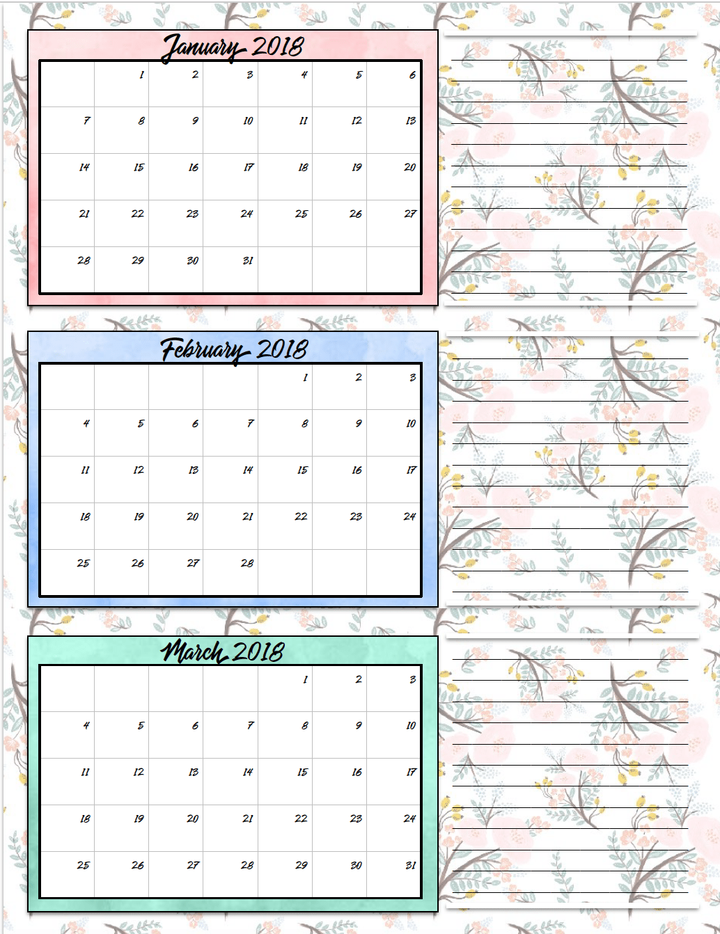 quarterly calendar template 2018
