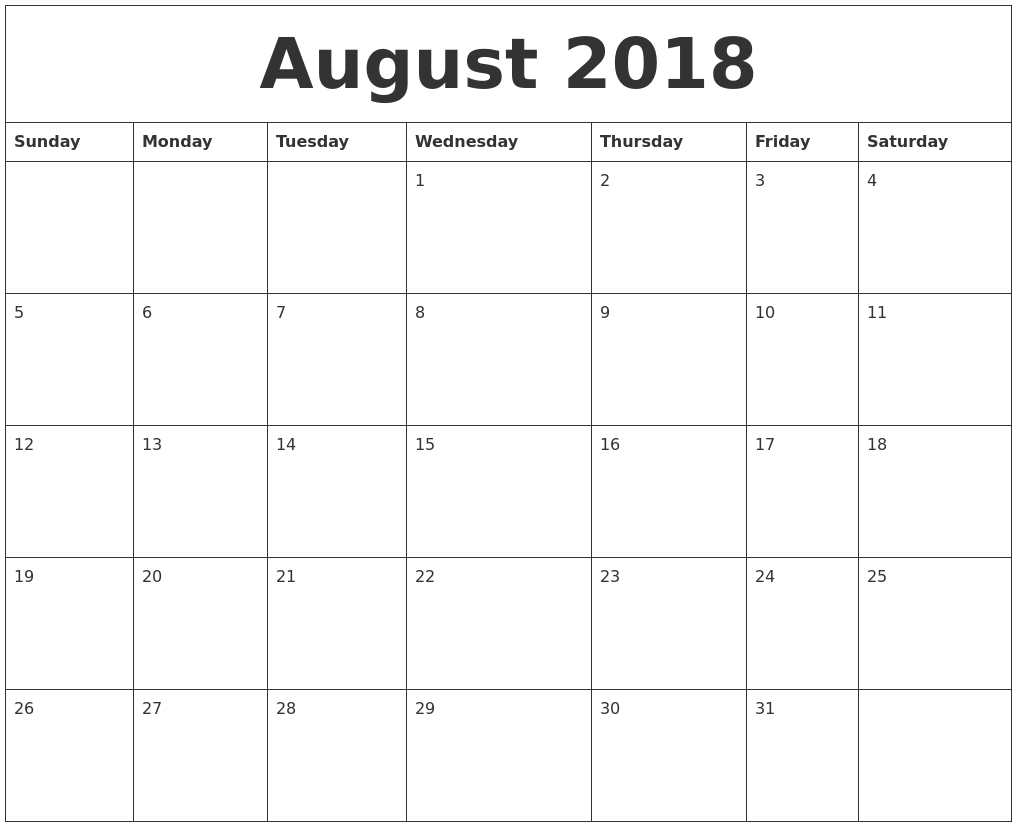 August 2018 Blank Monthly Calendar Template
