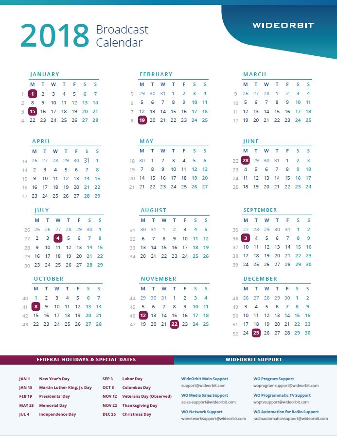 2018 WideOrbit Broadcast Calendar