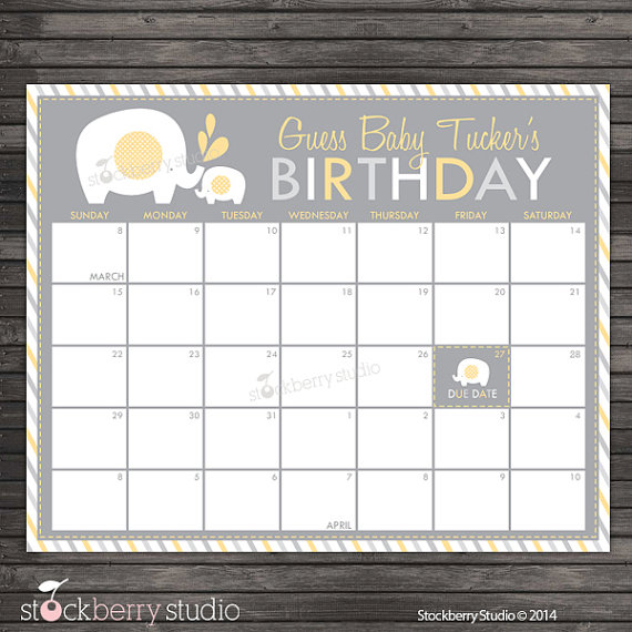 Yellow Elephant Baby Shower Guess the Due Date Calendar Printable 