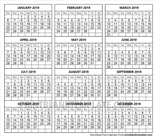 Print 12 Months Calendar Template