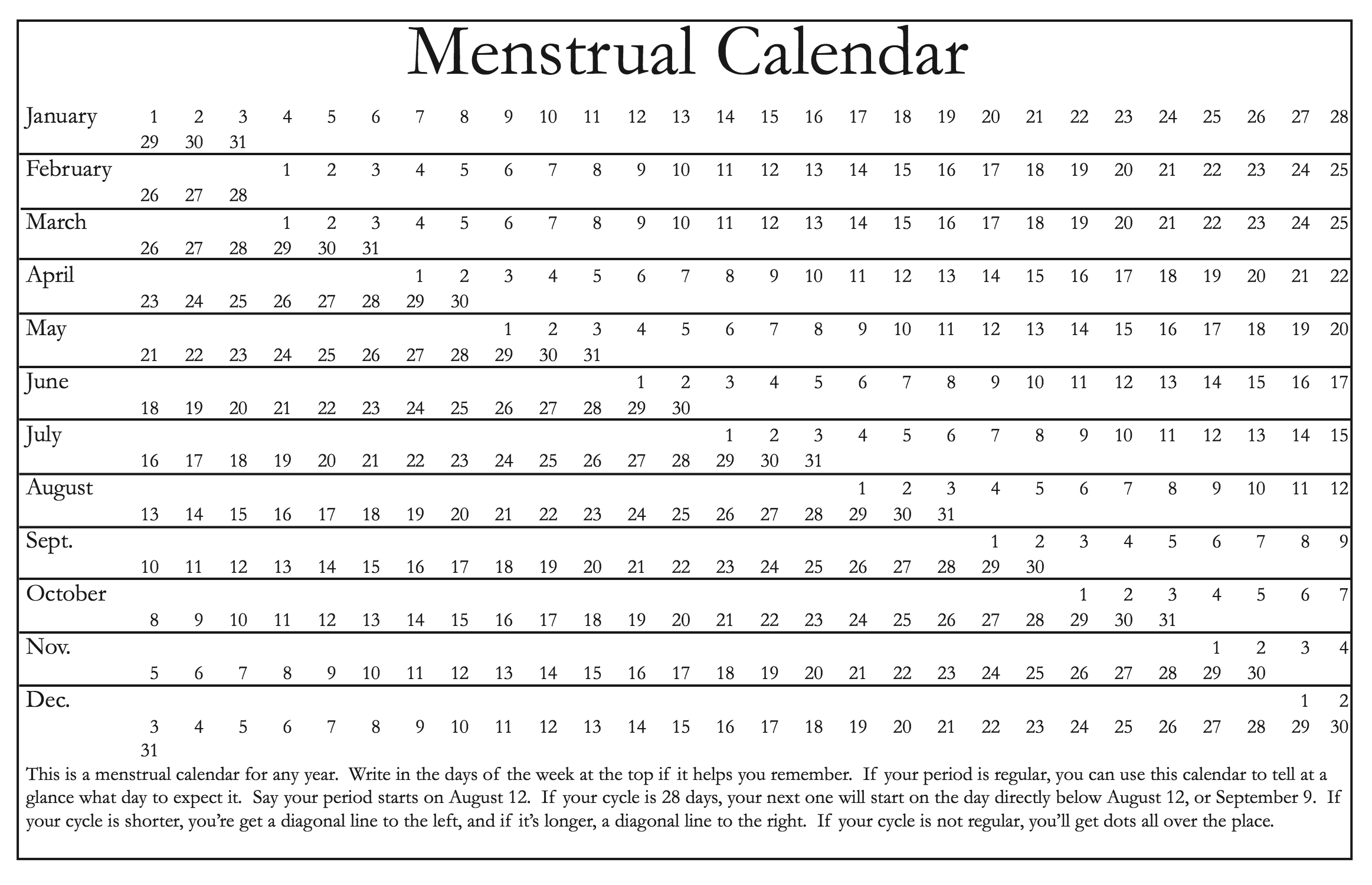 Printable Menstrual Calendar