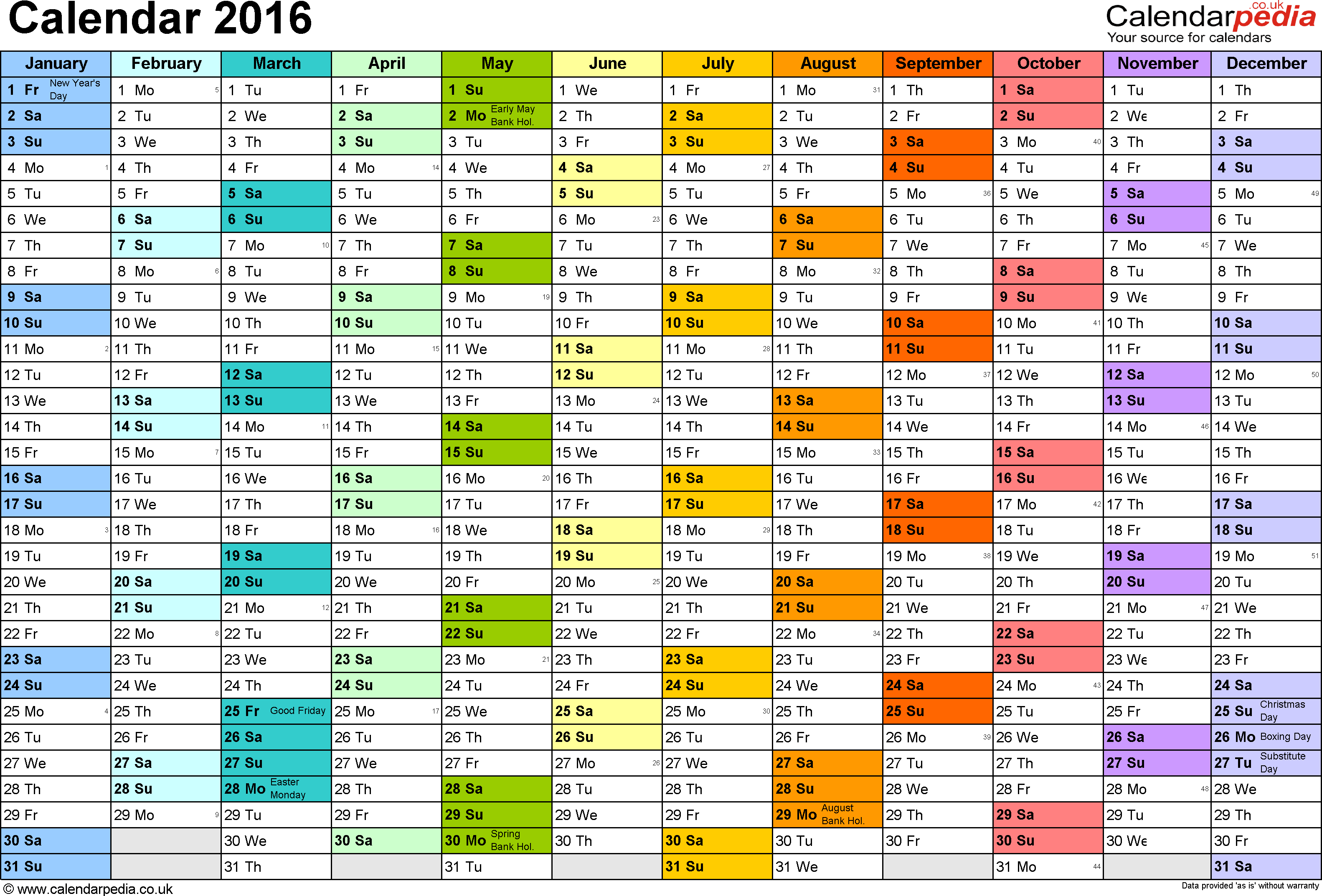2016 Calendar Template Excel