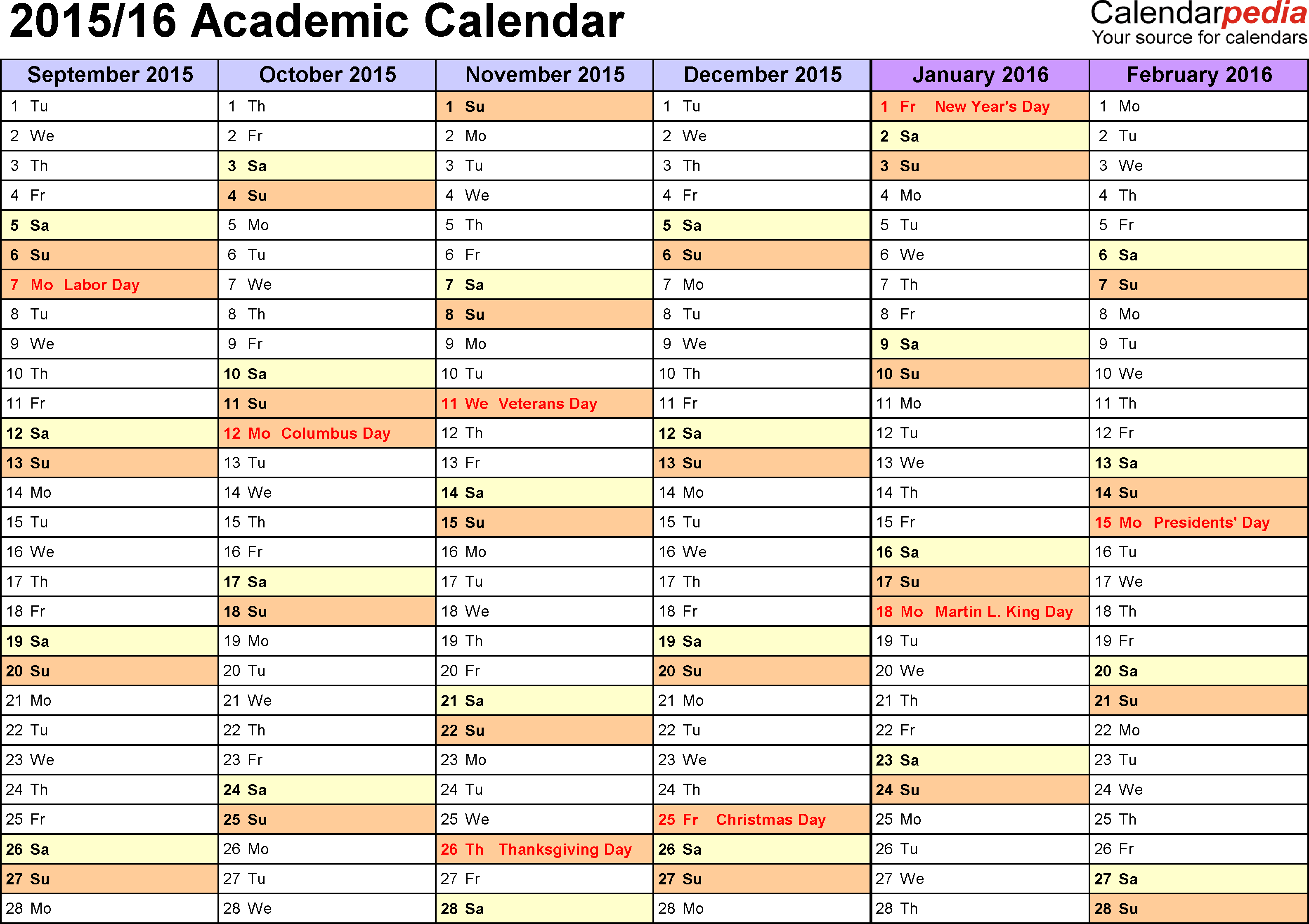 2015 2016 Academic Calendar Template