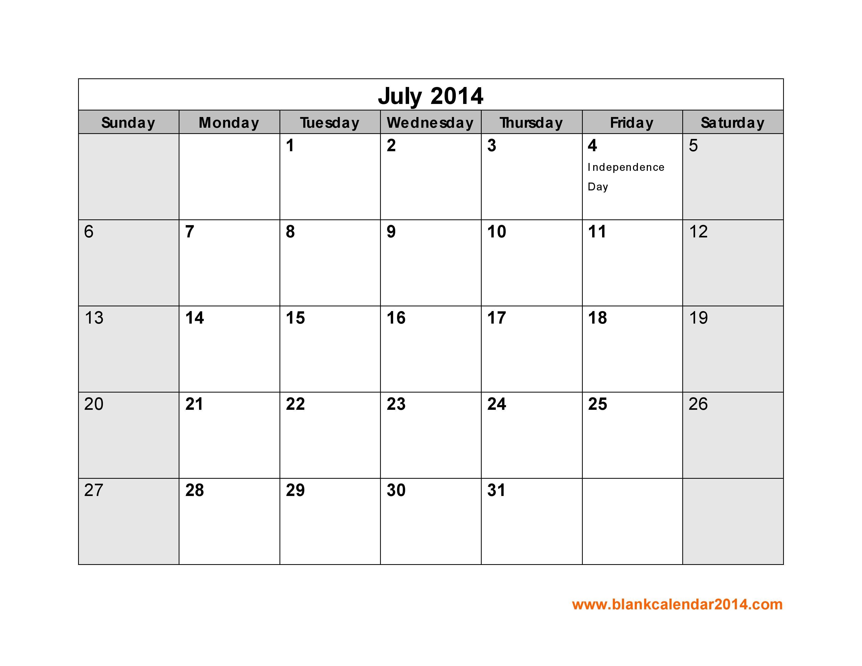 July 2014 Calendar Printable