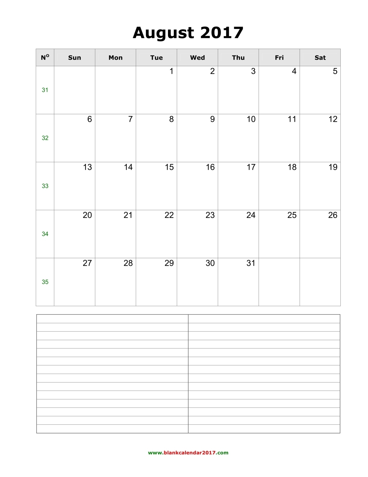 Blank Calendar August 2017