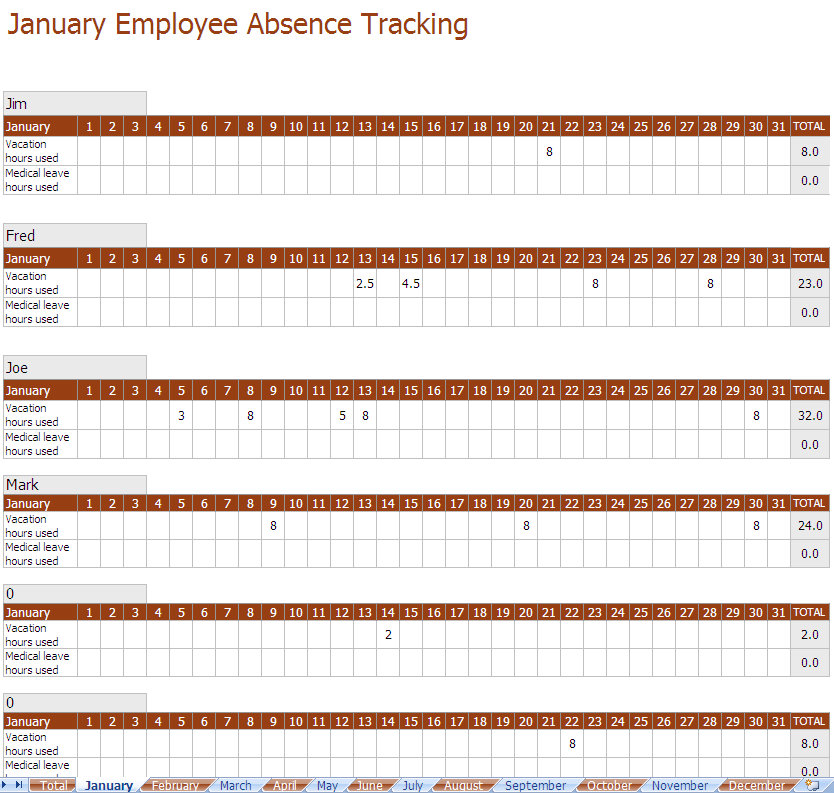Excel Tracking Employee Vacation Calendar Template