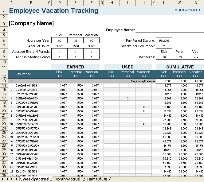 Vacation Accrual Spreadsheet Template