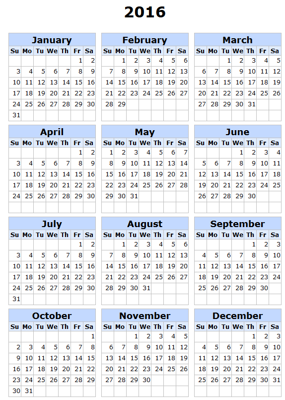 2016 Calendar with Holidays Template