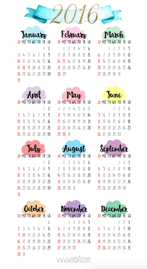 2016 Yearly Calendar Printable