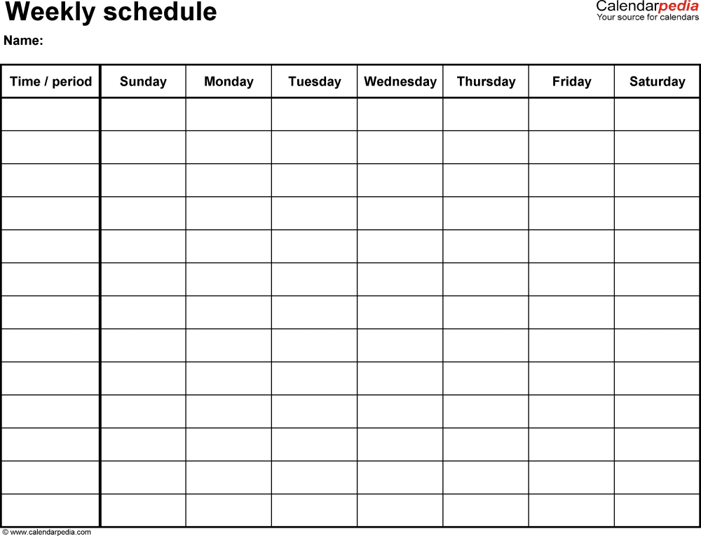 Weekly Schedule Template Monday through Sunday