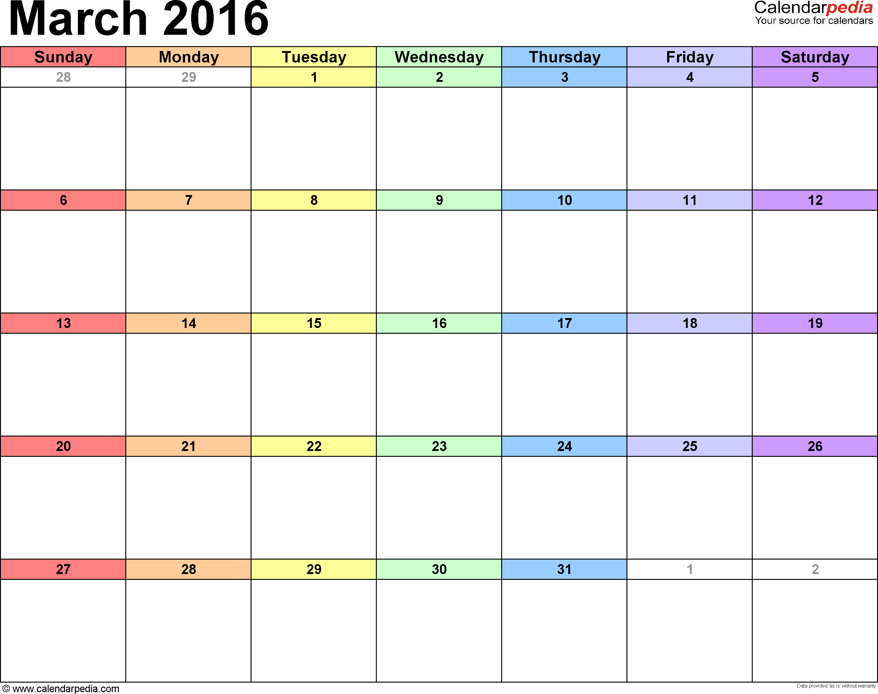 March 2016 Calendar Template