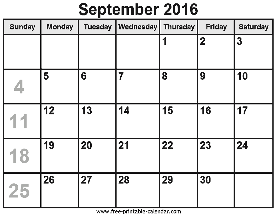 September 2016 Calendar Large Date