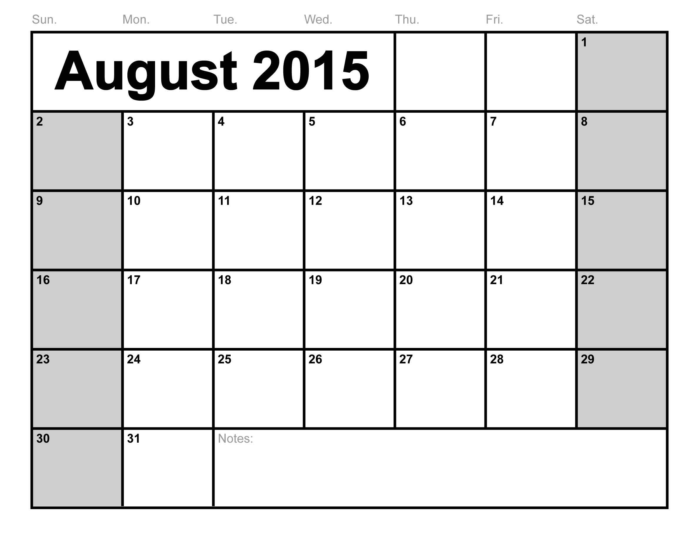 August 2015 Calendar Printable 8 X 11