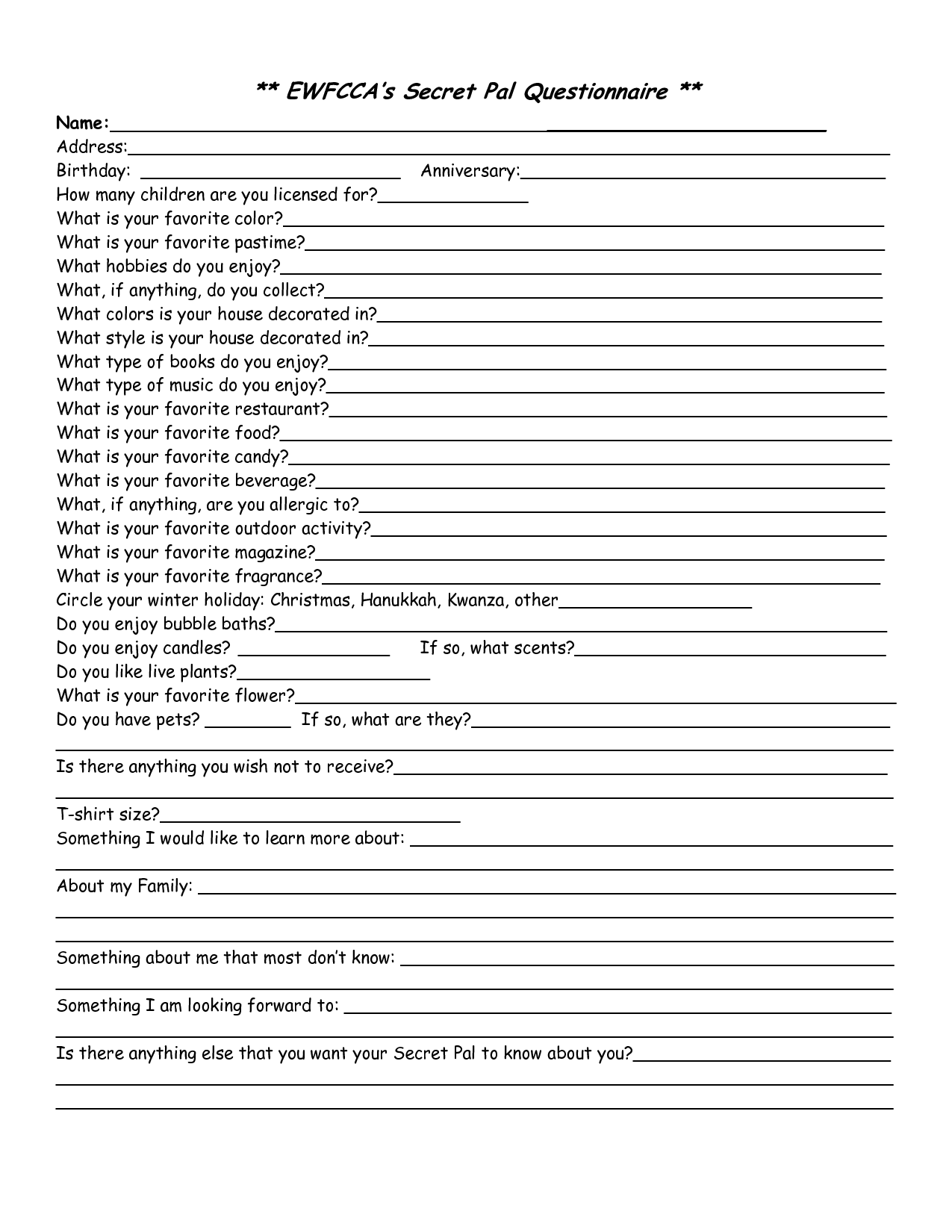 Secret Pal Questionnaire Form