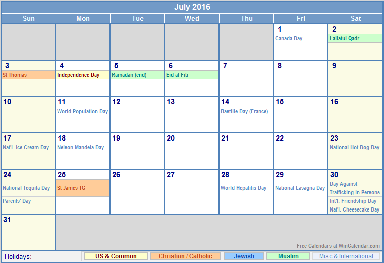 July 2016 Calendar with Holidays