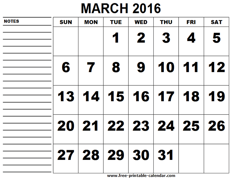 National Day March 2016 Calendar Printable