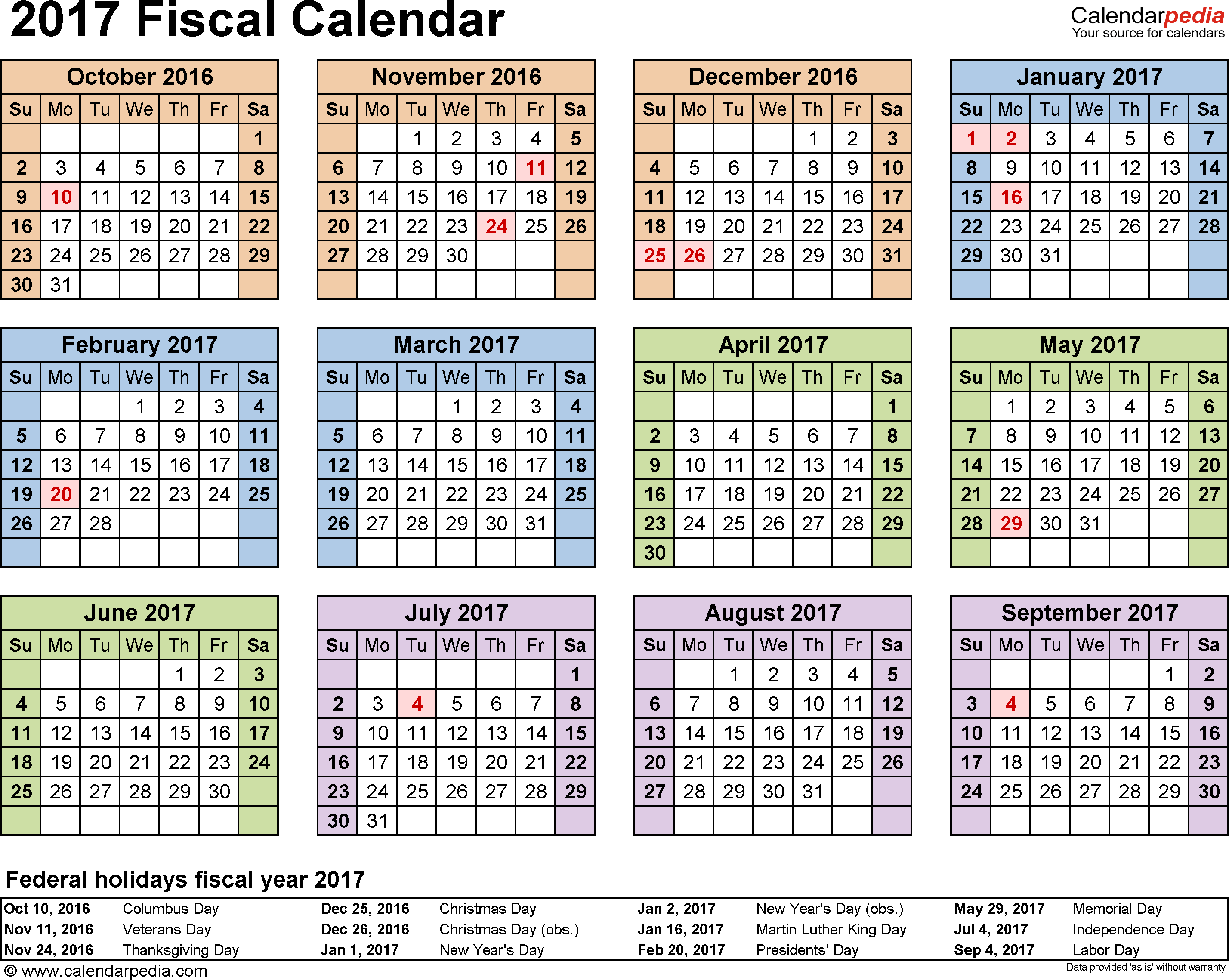 Fiscal calendars 2017 as free printable Excel templates