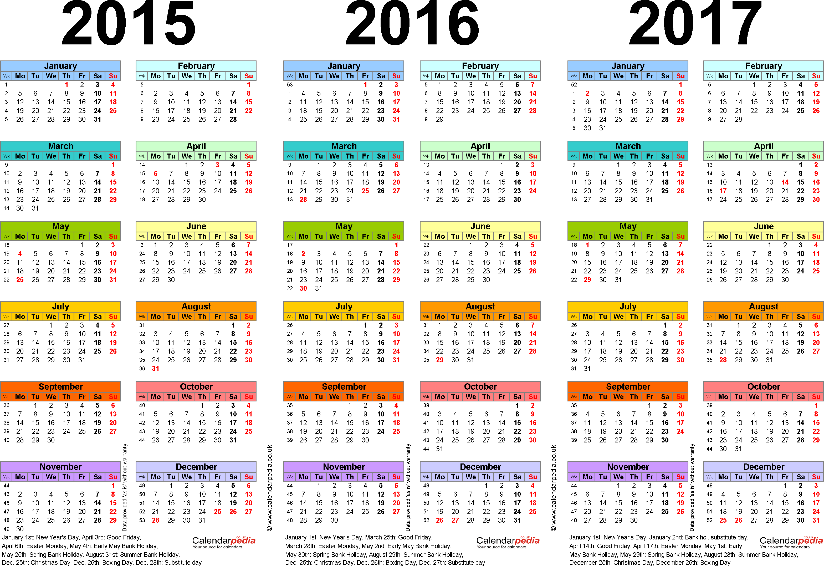 Three year calendars for 2015, 2016 & 2017 (UK) for PDF