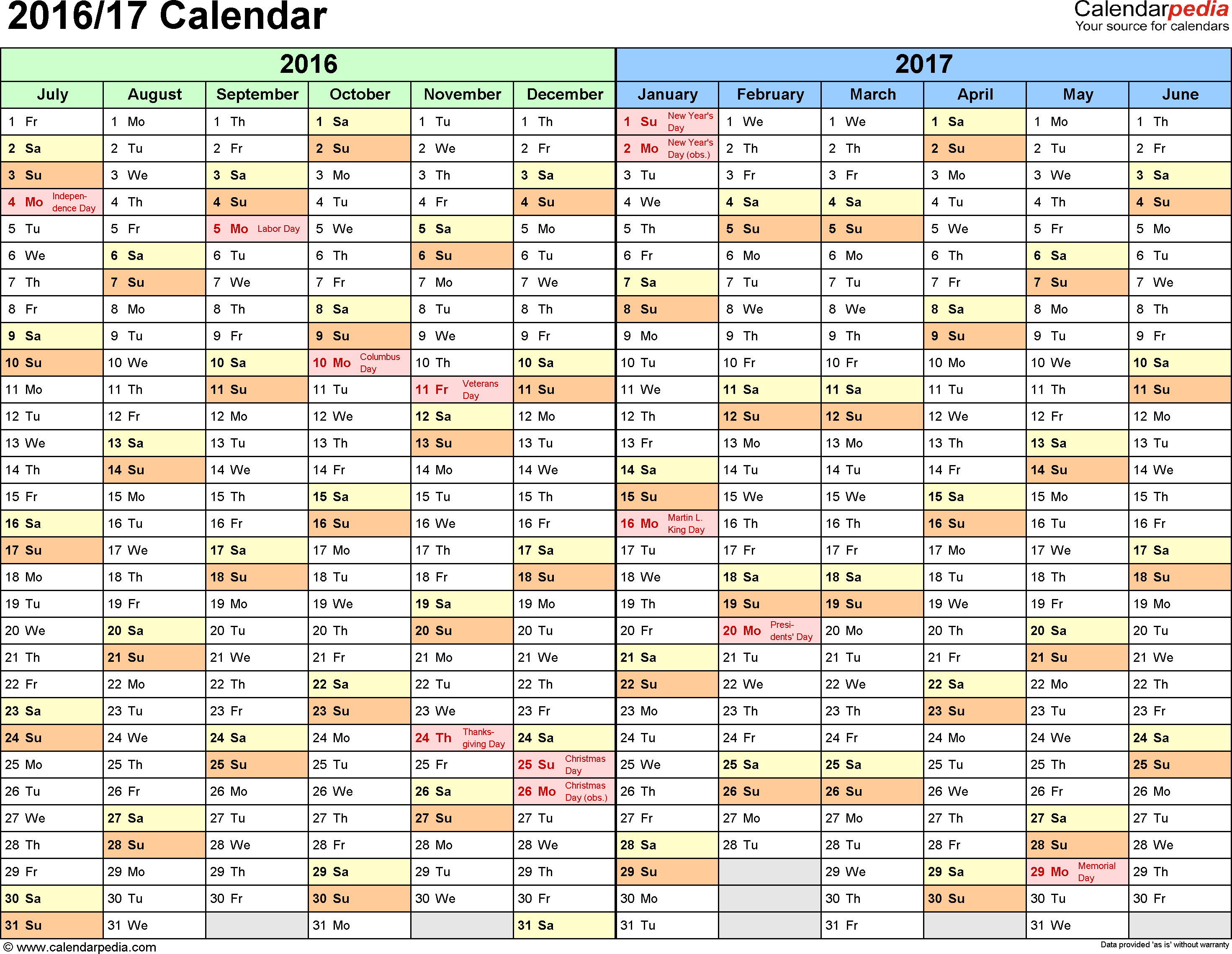 Split year calendar 2016/2017 printable Excel templates