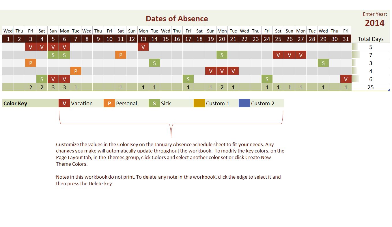 2014 Employee Vacation Tracking Calendar Template