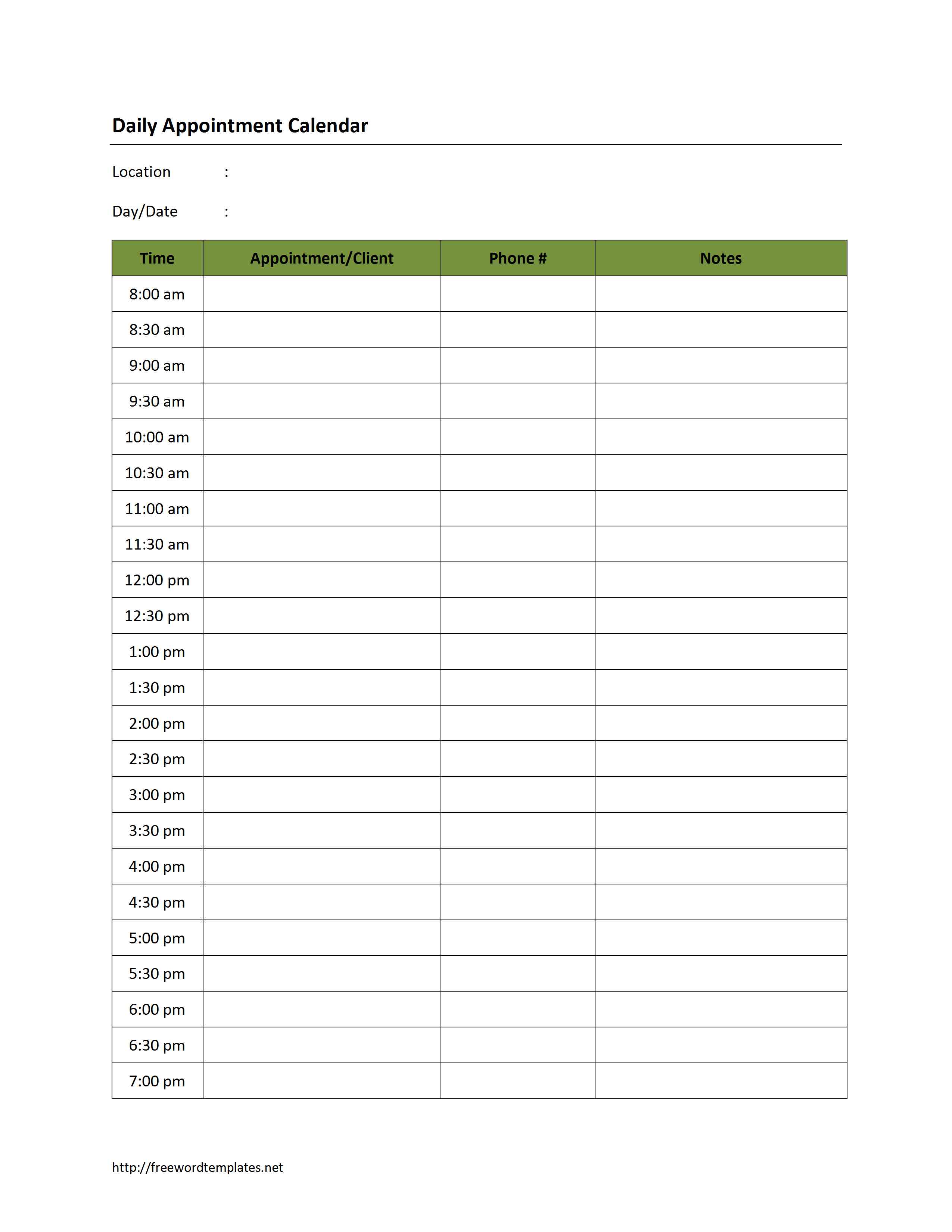Daily Appointment Calendar Template | Free Microsoft Word Templates