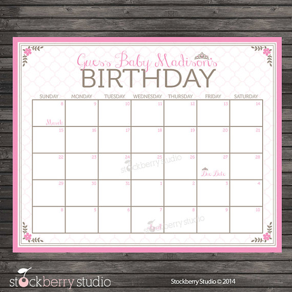 Princess Baby Shower Guess the Due Date Calendar Printable Pink 