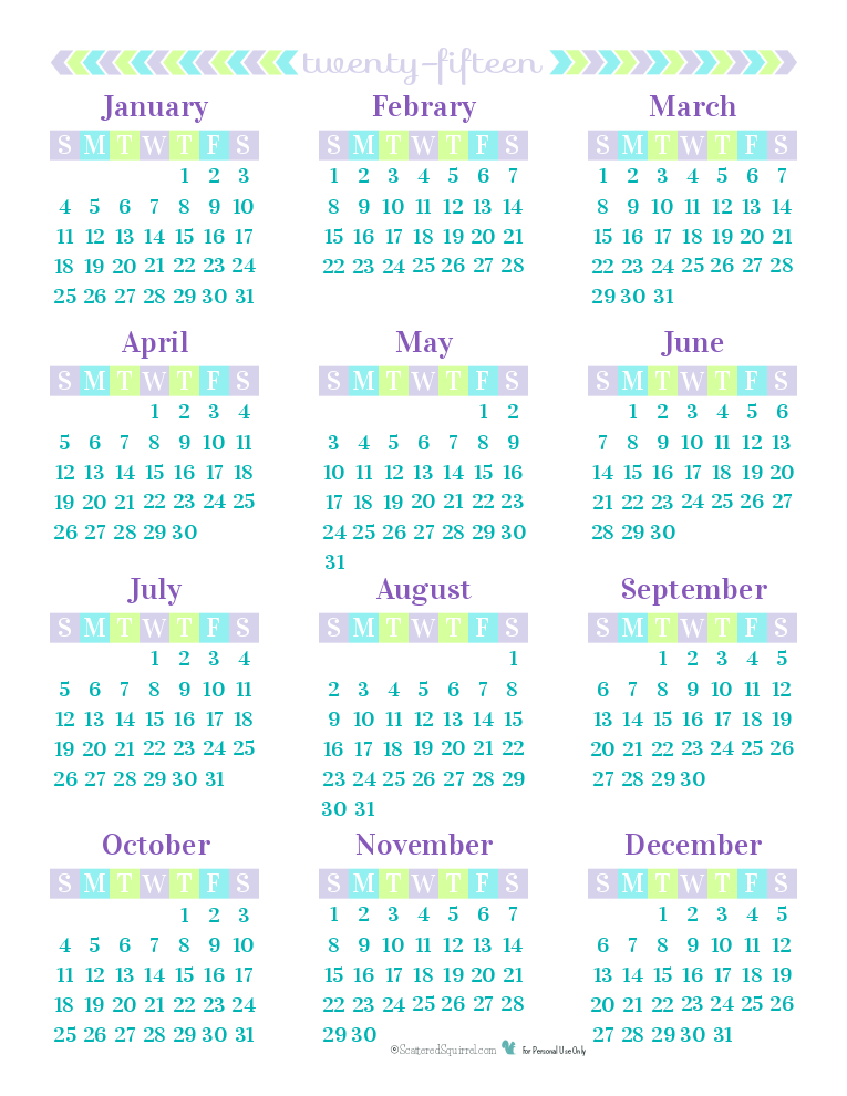 Day 26} 2015 Year on a Page Printable Calendars | Calendario 