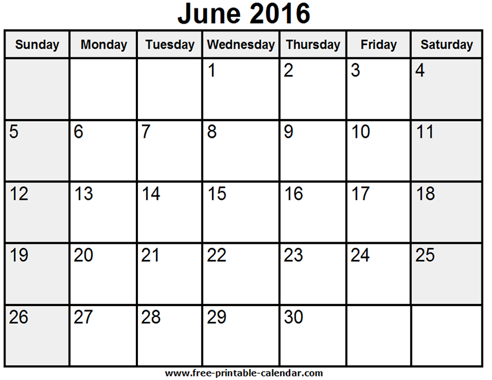 June 2016 Calendar Editable