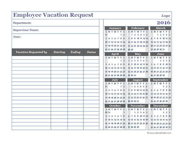 2016 Business Employee Vacation Request Free Printable Templates