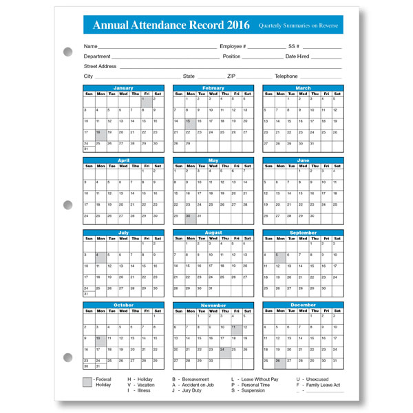 Employee Attendance Calendar | Tracker Templates 2016 | Printable 