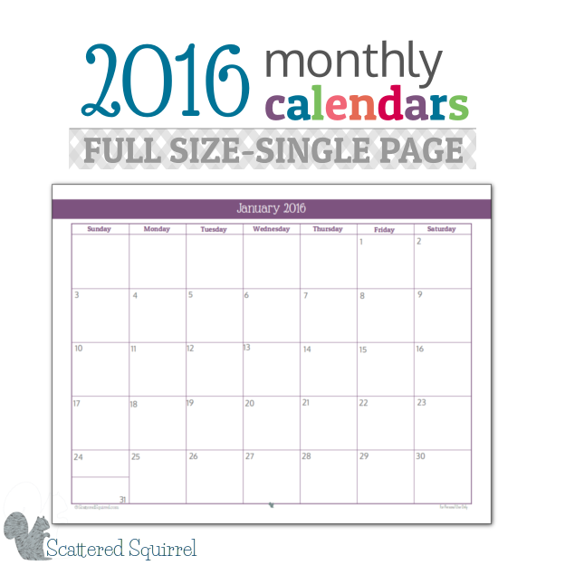 2016 Monthly Calendar Printables Full Size Edition | Classic 