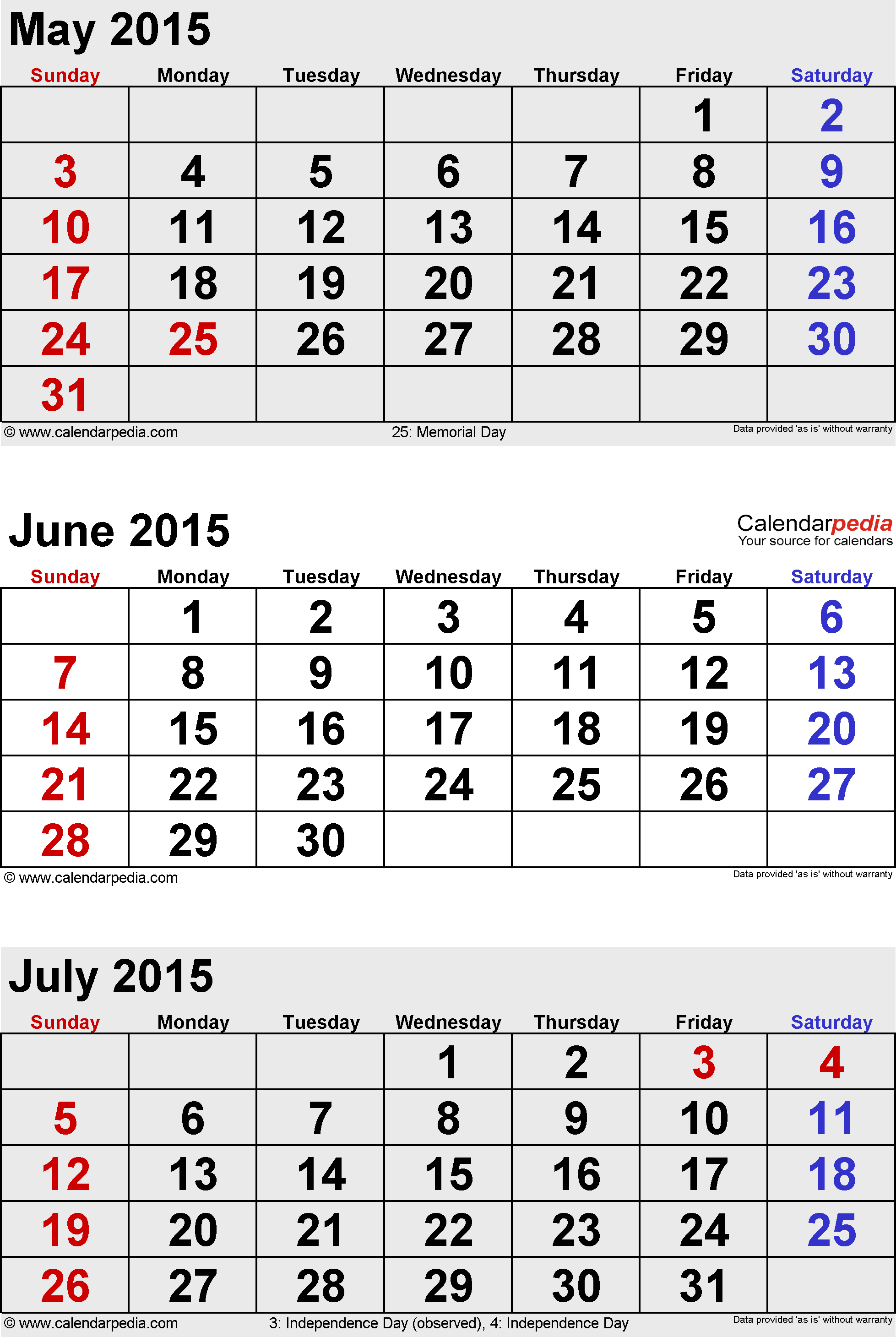 July 2015 Calendars for Word, Excel & PDF
