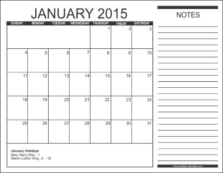 Monthly Blank Calendar with Day Notes Landscape Free Printable 