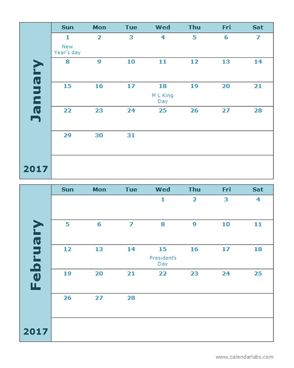 2017 Calendar Template 2 Months Per Page Free Printable Templates