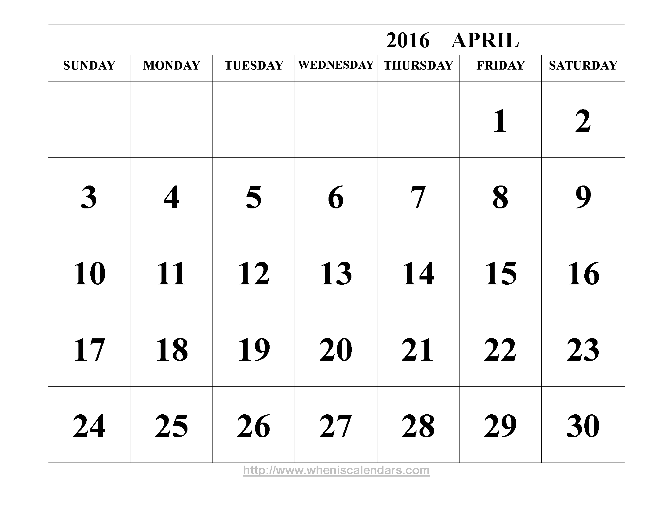 April 2016 Calendar Printable Template Word PDF Image